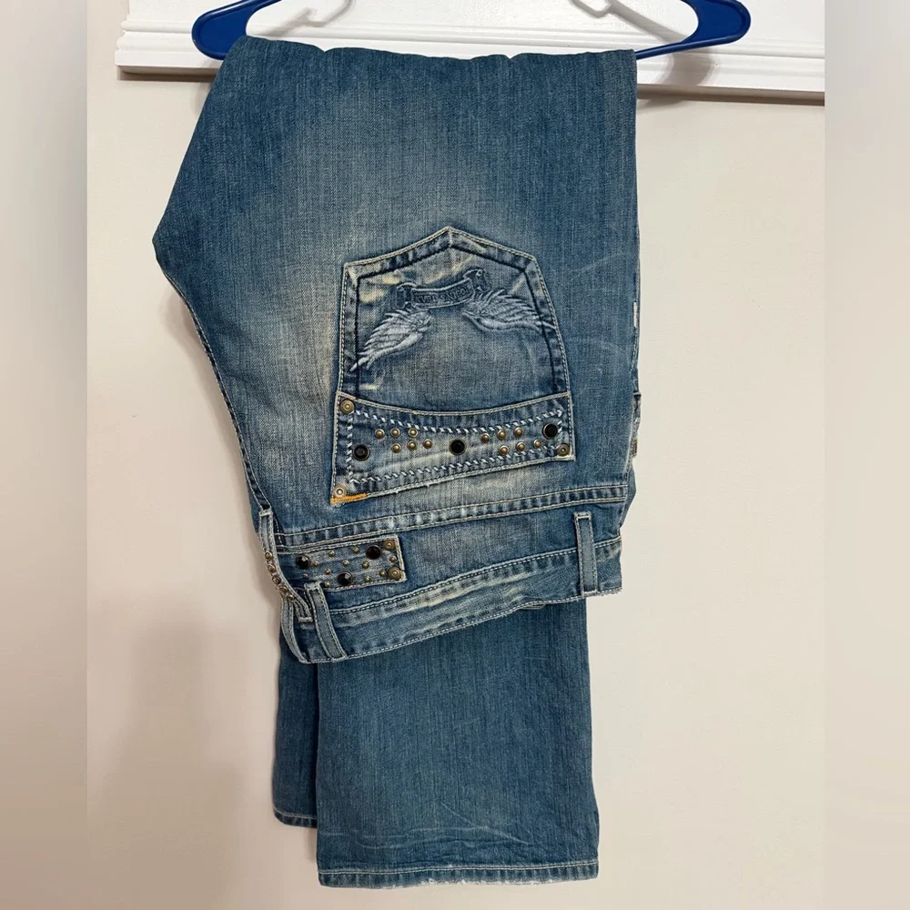 Robin's Jean Distressed Blue Denim with Studs size 42‎